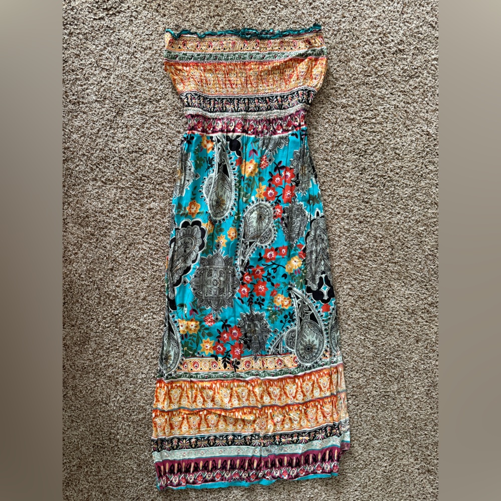 Wet Seal Strapless Multicolor Patterned Maxi Dress with Leg Slits
